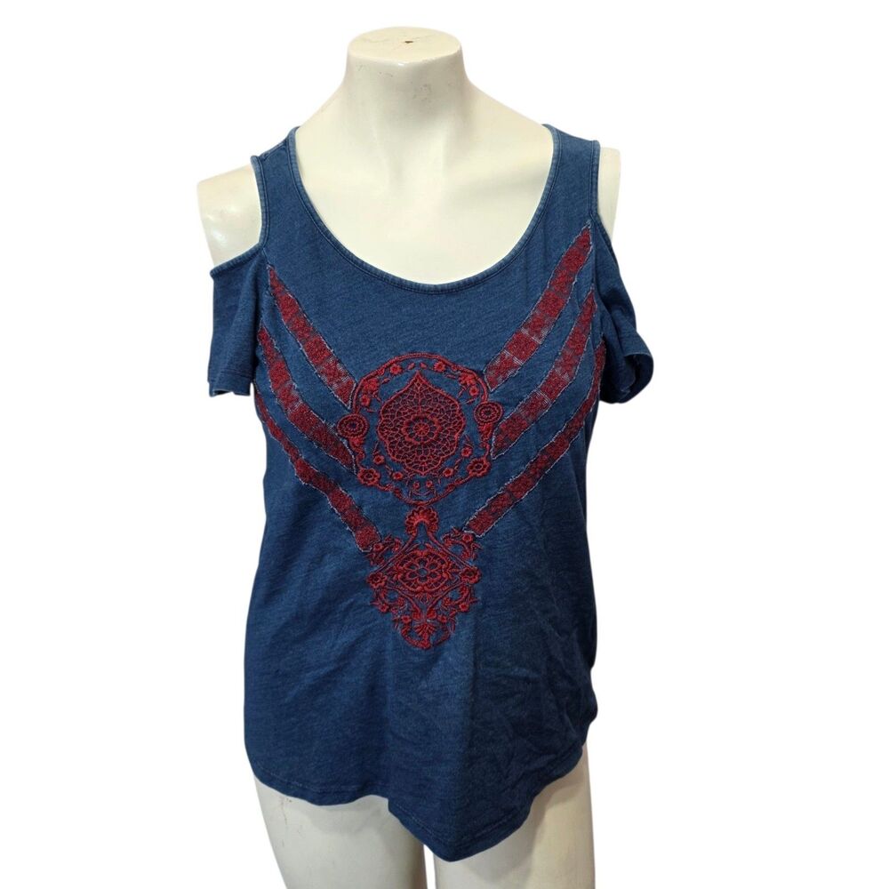 Lucky Brand Womens Medium Cold Shoulder Embroidered Boho Top Blue Red Festival‎